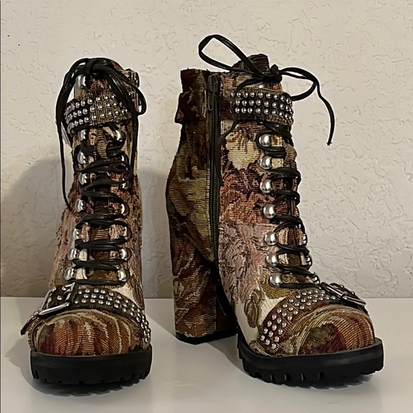 Jeffrey Campbell Shoes - Jeffrey Campbell Lilith-2 Floral Fabric Stud Lace-up Zip Ankle Boots. Size 8M